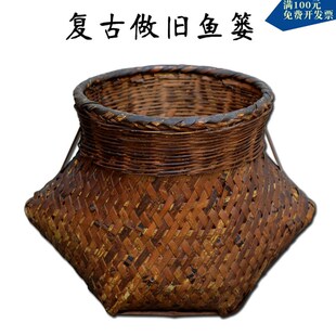 手工竹编做旧烟熏鱼篓采摘篓黄鳝篓鱼笼仿旧O虾笼舞台道具竹篓包