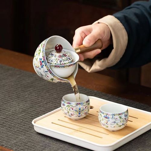 茶水分离陶瓷杯青花懒人自动逍遥壶旅行珐琅彩便携高颜.值茶壶茶