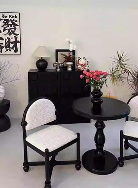 法式美式餐桌黑色实木中古圆形咖啡桌洽谈木质美式小X圆桌酒店边