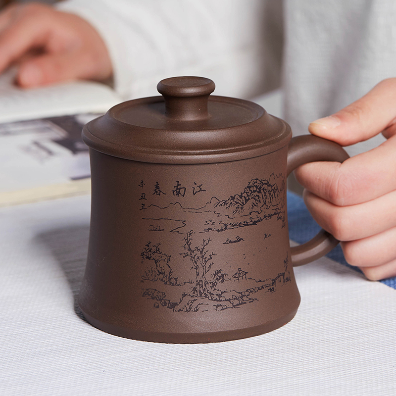 私人订制宜兴紫砂杯刻q字泡茶杯带把盖杯子大容量办公男女茶缸茶