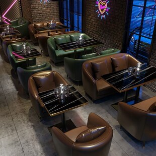 复古清酒吧桌椅i咖啡厅甜品奶茶店西餐厅酒馆单双人皮沙发卡座组
