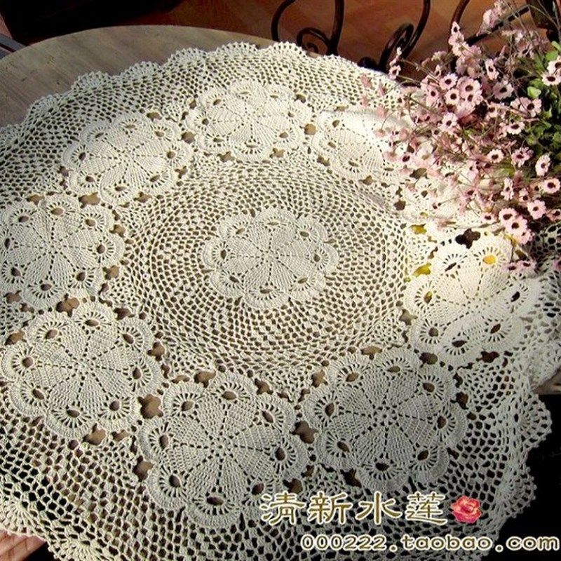 外贸手工钩花纯棉蕾丝镂s空编织复古美式柜子装饰盖布米白色圆桌,居家布艺,桌布,淘宝优惠券,粉丝福利购,淘宝优惠卷