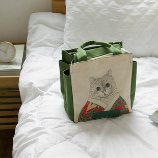 可爱手拎饭盒g包帆布手提便当包大容量午餐带饭包日式拉链妈咪包