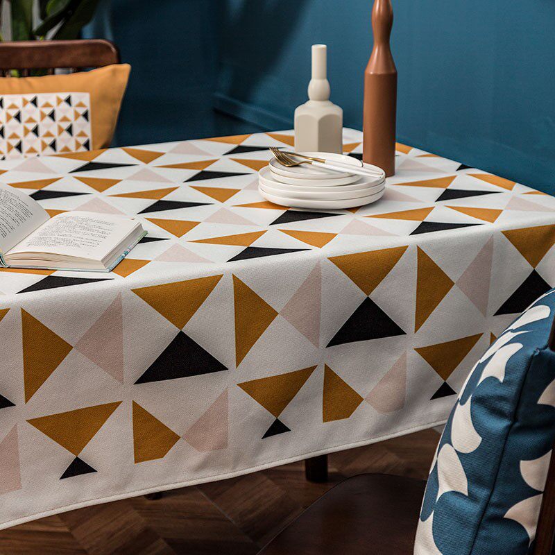 ins蓝色几何桌布布艺棉麻桌布防水防烫加厚桌布长U方形餐桌布圆桌