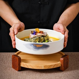 酒店酸菜鱼盆创i意菜钵毛肚盘私房菜特色菜盘带木底座安徽菜农家