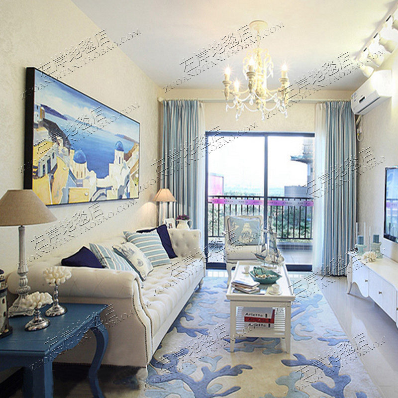 时尚轻奢蓝色地中海美式地毯w茶几沙发客厅卧室床边书房手工腈纶