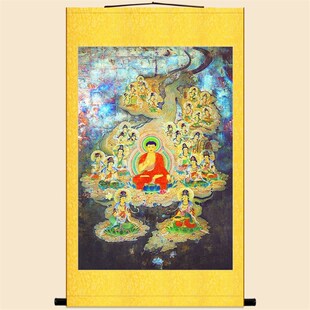 明清复古版 西方三圣众佛接引x图画像 阿弥陀佛观世音菩萨卷轴挂