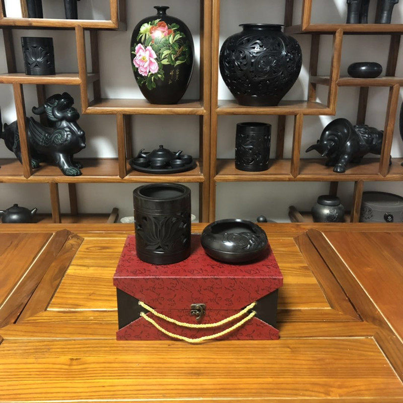 龙山黑陶创意文具时尚圆形v陶瓷精品笔筒毛笔圆珠笔铅笔多功能包