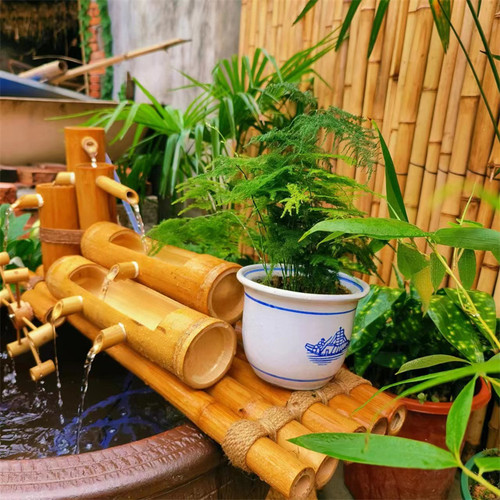 竹流水器竹水车竹惊鹿碳化竹水循环增F氧鱼缸摆件庭院景观造景陶