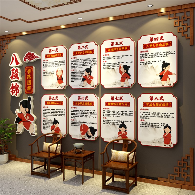 八段锦挂图文化墙面壁画宣传养生馆中医氛围背P景装饰形象布置健