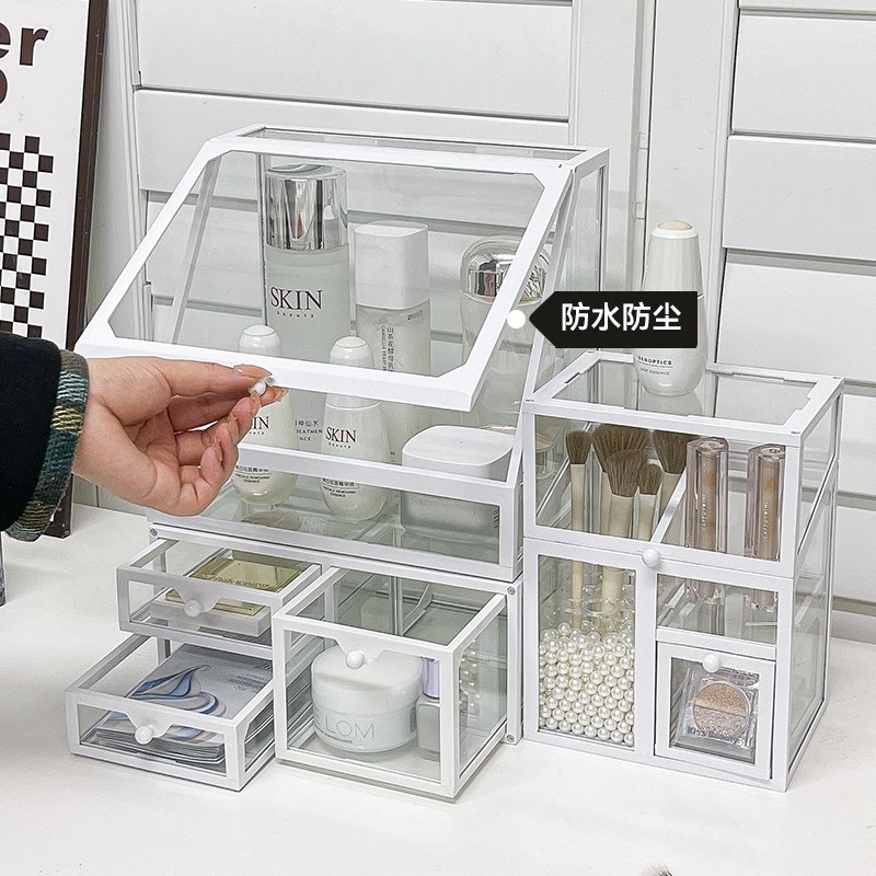 高级感化妆品收纳k盒桌面防尘透明梳妆台护肤品口红化妆刷置物架