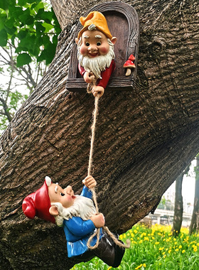花园侏儒小矮人攀爬绳树脂工艺品摆件装饰品庭院U独立站跨境树脸