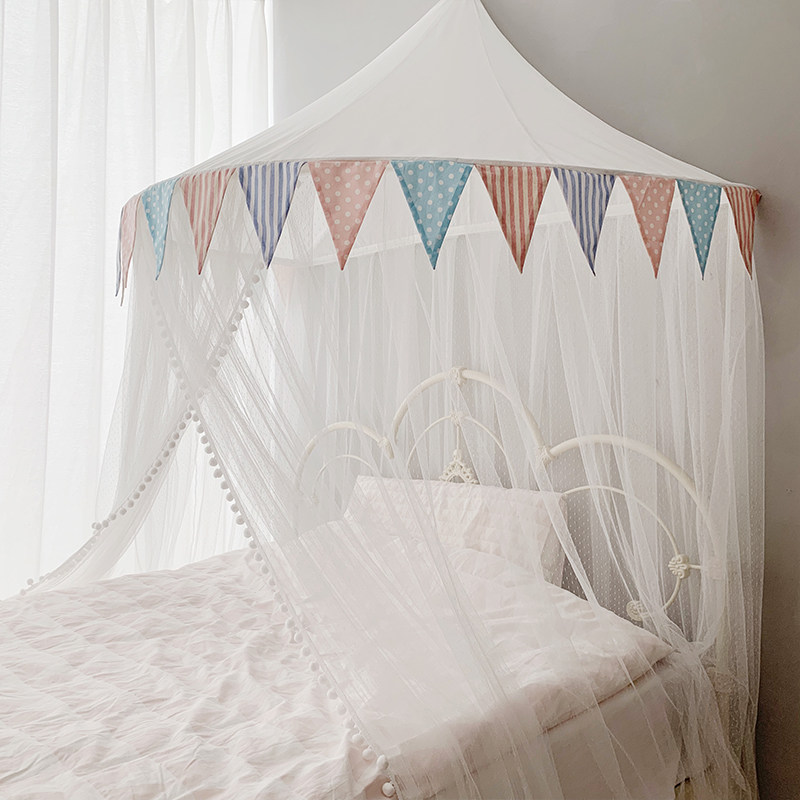 儿童房蚊帐公f主风ins圆顶吊帐家用女孩1.5m1.8米床幔可折叠免安