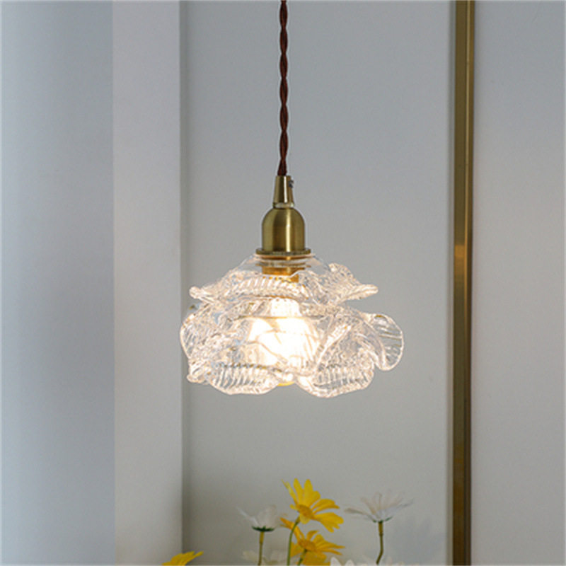 日式简约现代文艺法式花朵玻璃全铜床头小吊灯美式复古餐厅吧台灯