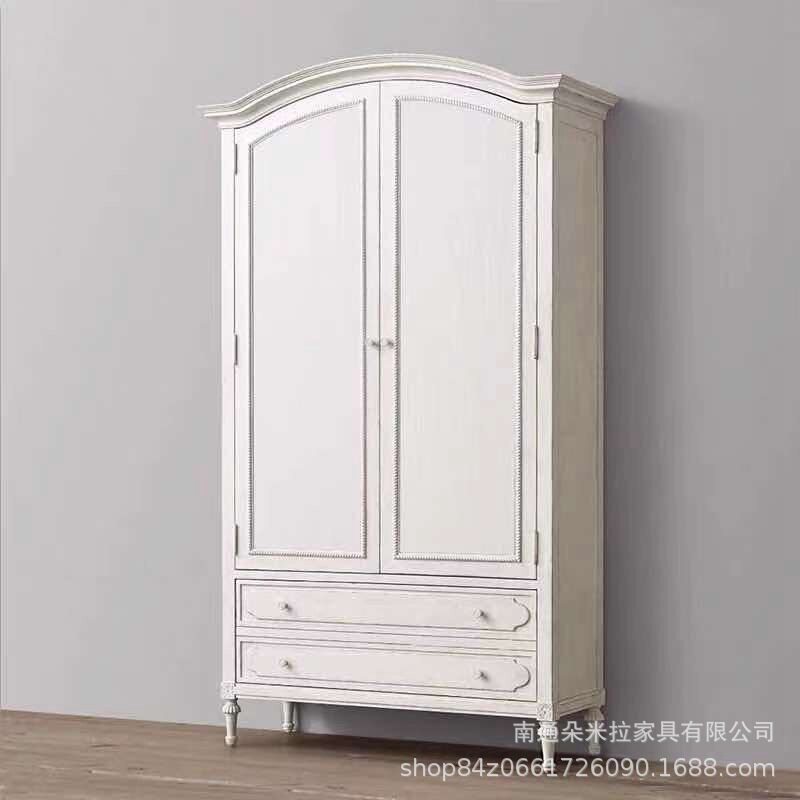 美式橡木复古做旧白色雕花衣柜
