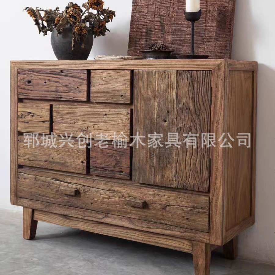 新中式老榆木酒柜带吧台一体展示架家居客厅茶具酒瓶收纳柜餐边柜