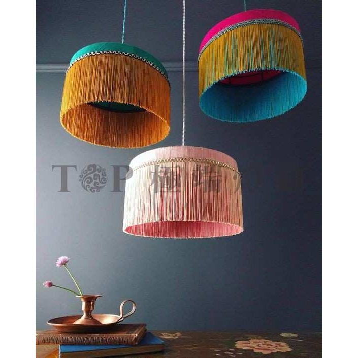 现代艺术餐厅亚麻布艺粉红色流苏吊灯创意中式客厅设计师民宿灯具