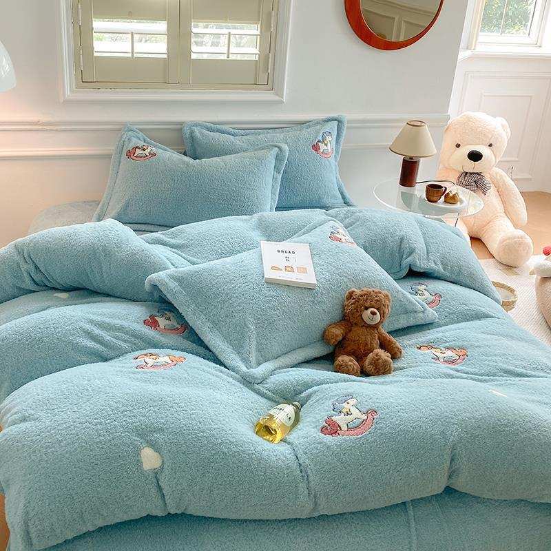 冬季加厚双面泰迪绒四件套珊瑚绒床单被套法兰绒简约刺绣床上用品