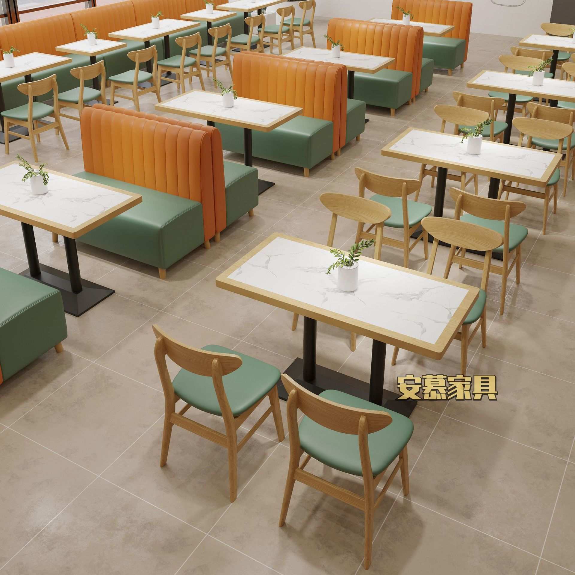 钉制小吃店实木桌椅仿实木岩板食堂西餐厅商用连锁餐饮奶茶店组合