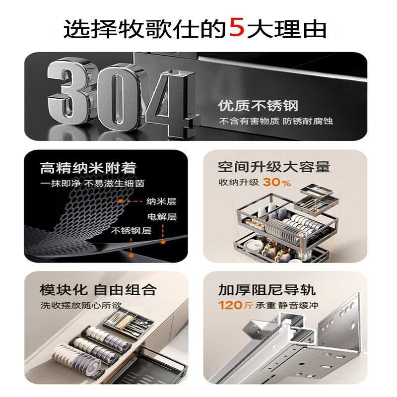 牧歌仕拉篮厨房橱柜碗篮304不锈钢双层抽屉式收纳碗碟柜厨柜拉蓝