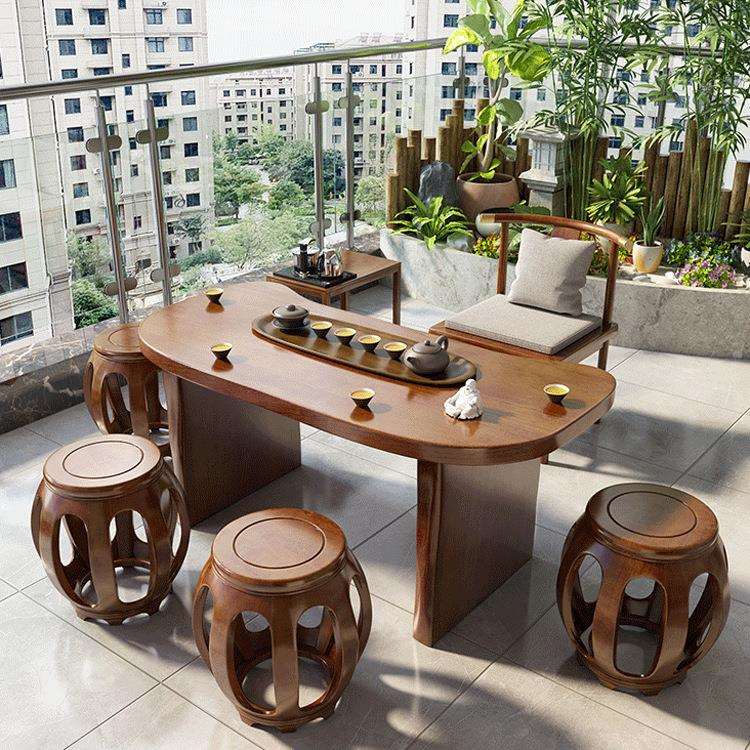中式古典阳台茶桌小型家用客厅接待复古大板泡茶桌椅创意弧形茶台