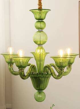 法式优雅绿色玻璃蜡烛吊灯复美式轻奢设计师款复古客厅卧室餐厅灯