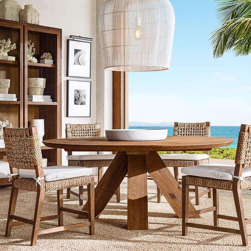 原木复古做旧实木餐桌椅组合美式乡村餐厅客厅圆桌圆形吃饭桌子