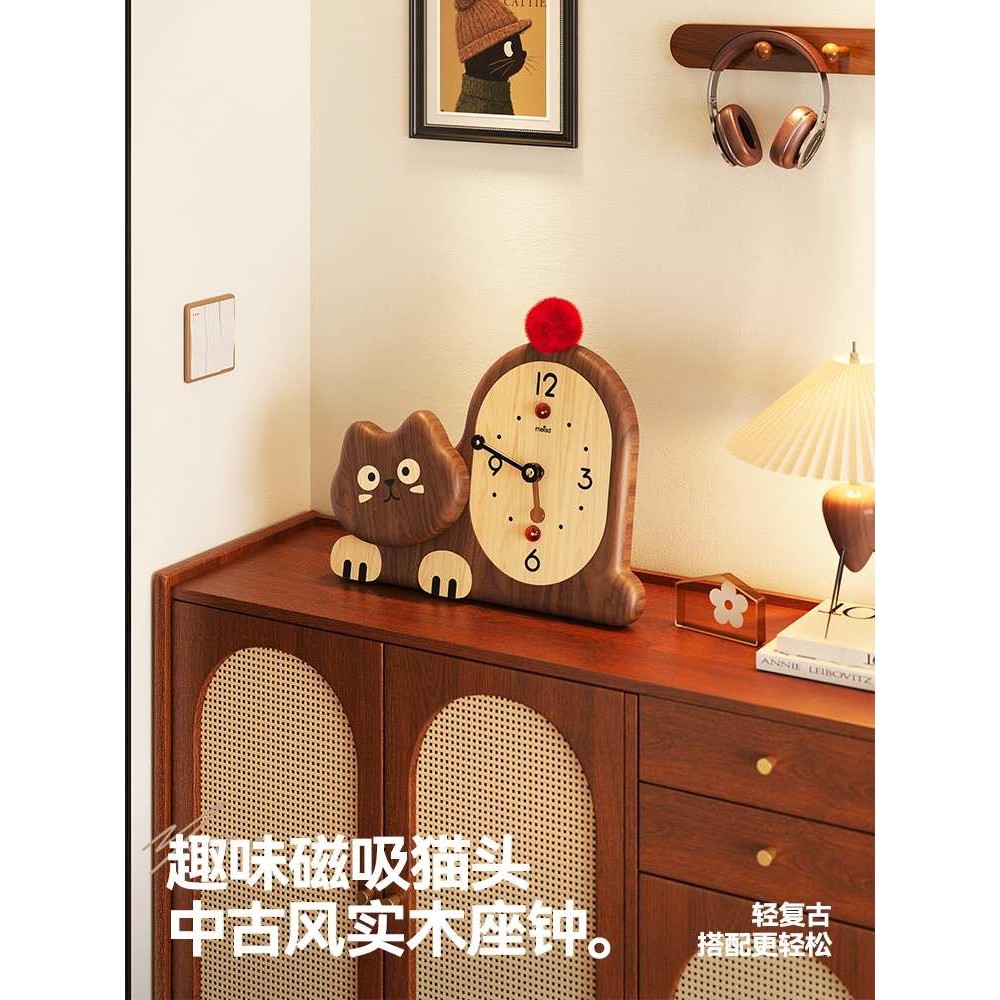 ?创意桌面时钟摆件摆放式客厅玄关钟表复古实木猫台钟
