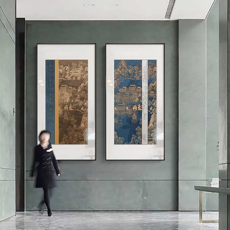 新中式线描古建筑玄关装饰画走廊过道挂画酒店竖版壁画厂家图片