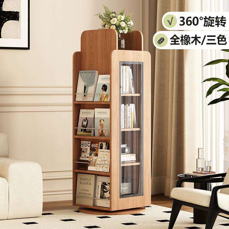全实木旋转书柜360度原木带门杂志绘本架落地转角立柜客厅展示柜