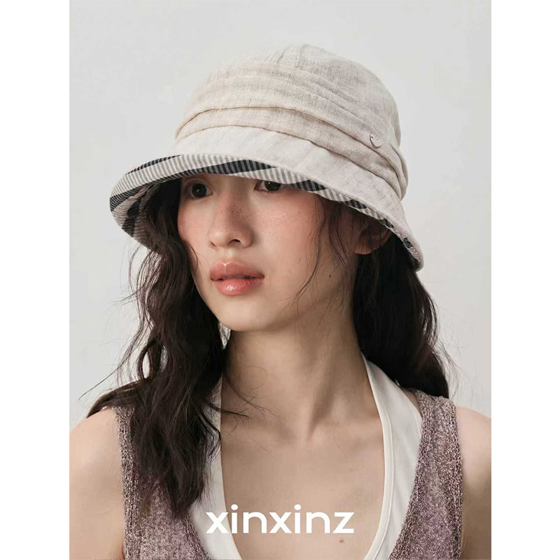 xinxinz/芯心子亚麻不对称褶皱灯罩帽粉雾条纹渔夫帽女款遮阳帽