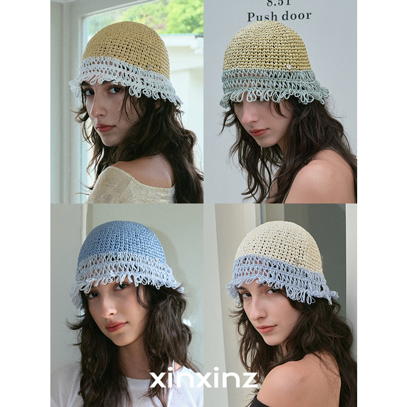 xinxinz/芯心子少女感冰淇淋色系刘海草帽冷帽小众设计流苏拼接帽