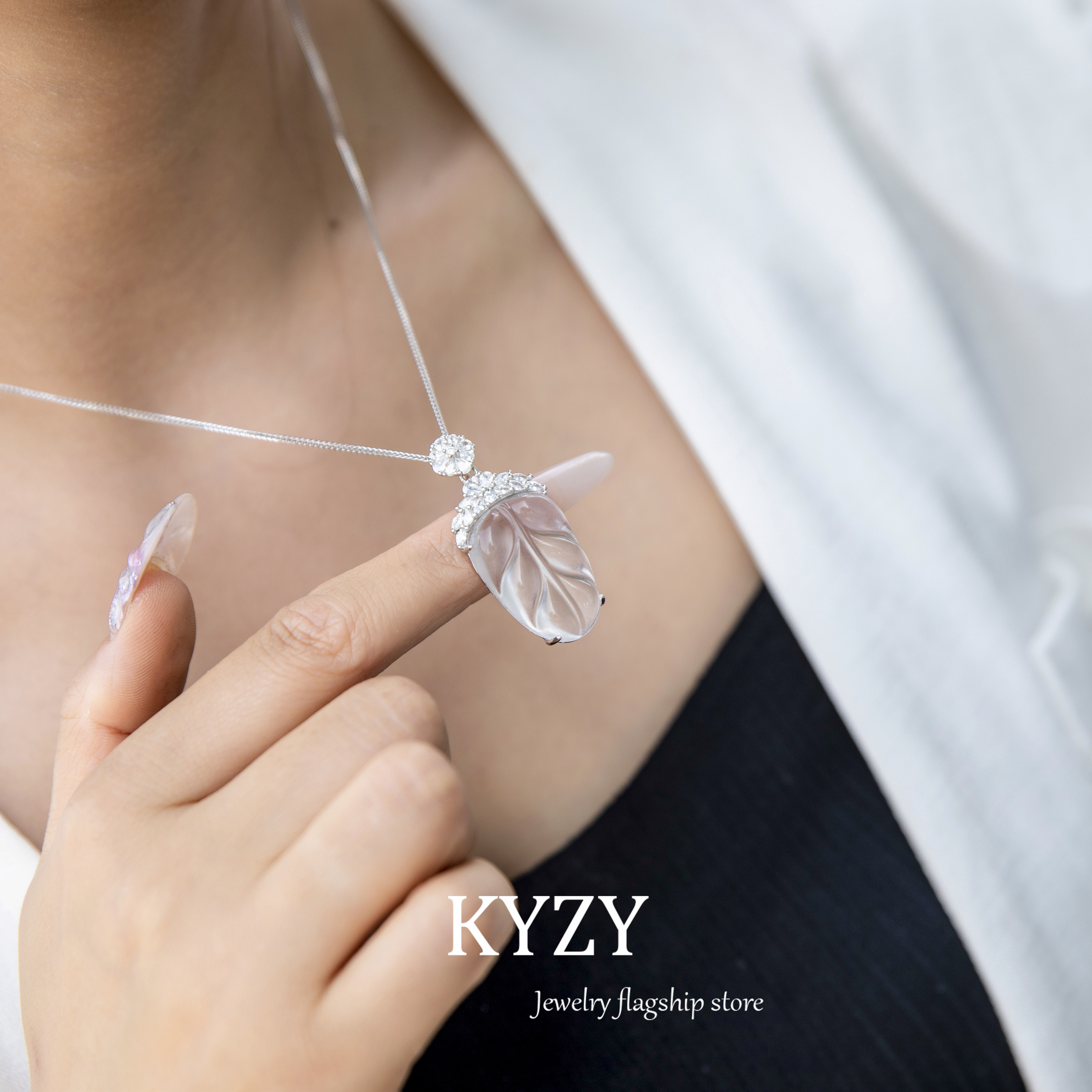 KYZY珠宝&【落木】缅料天然玉石水沫玉叶子吊坠镶嵌s925银