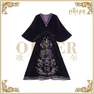 【欧宝莱尔】轻奢时尚抽褶刺绣连衣裙305-A-25661