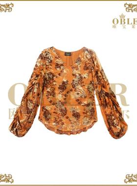 【欧宝莱尔】宫廷风印花织绒衬衫秋季黄色长袖短款305-24161-2