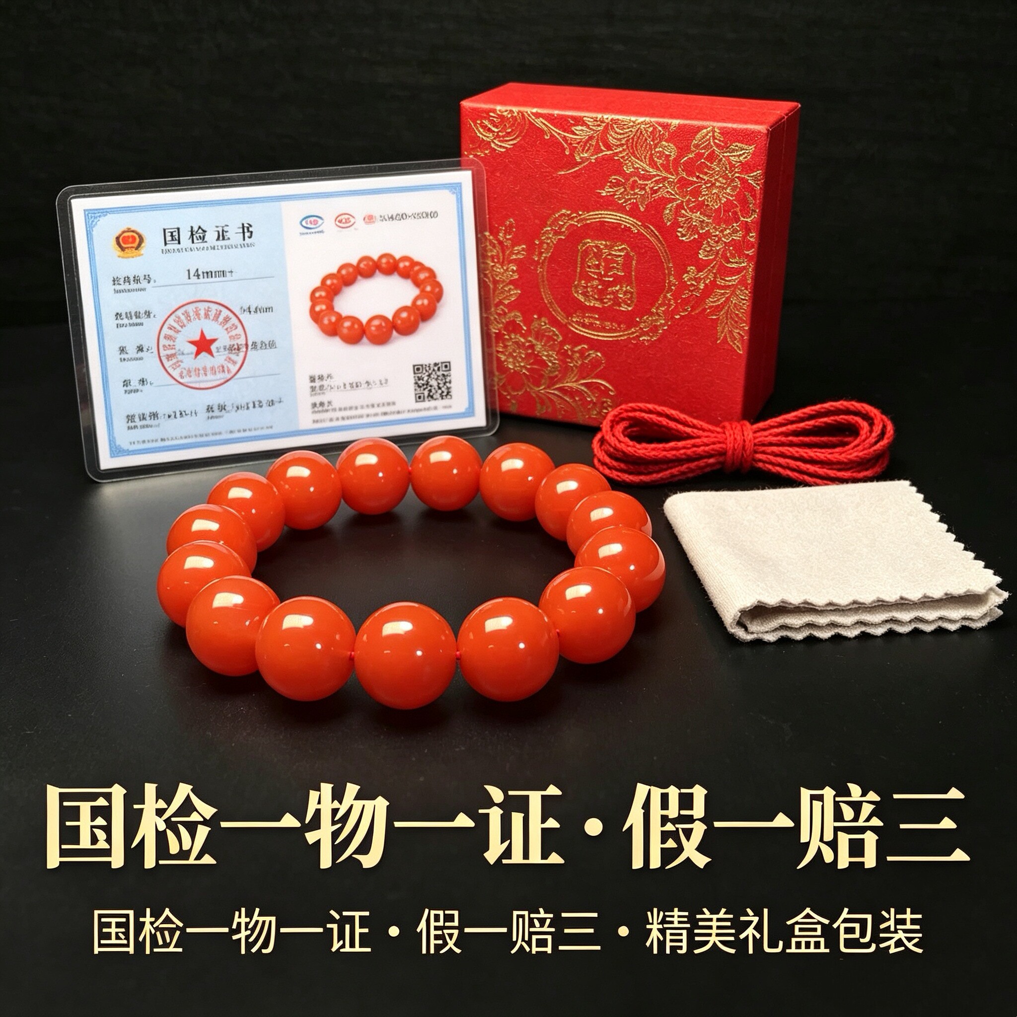 天然樱桃红南红玛瑙手串14mm＋单圈女款手串送长辈送领导送女友