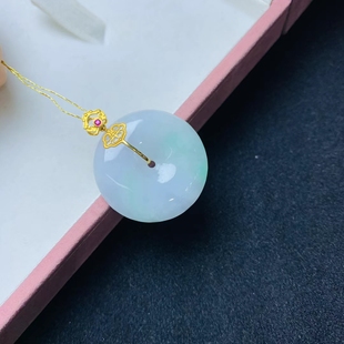 天然A货缅甸翡翠平安扣18k金镶嵌糯冰飘阳绿吊坠冰种飘花女款玉石