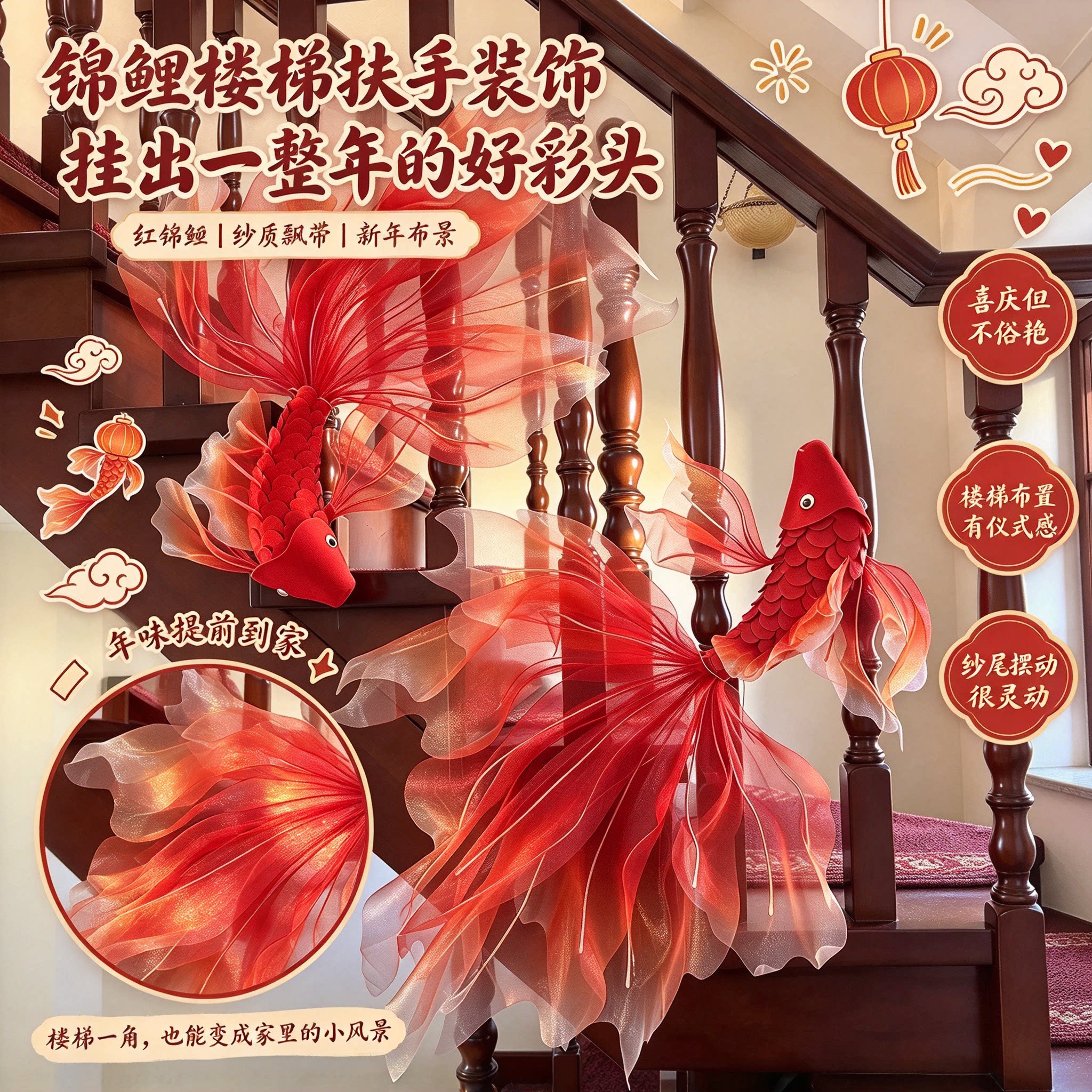 新中式锦鲤婚房楼梯扶手装饰品红纱金鱼挂饰婚礼现场婚庆布置用品