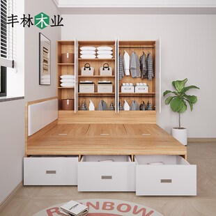 榻榻米床小户型衣柜一体单人床高箱收纳软包床头气压储物组合柜床