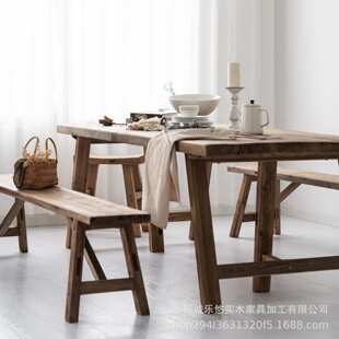 复古实木餐桌椅组合侘寂风原木做旧民宿长方形客厅家用书桌一体桌