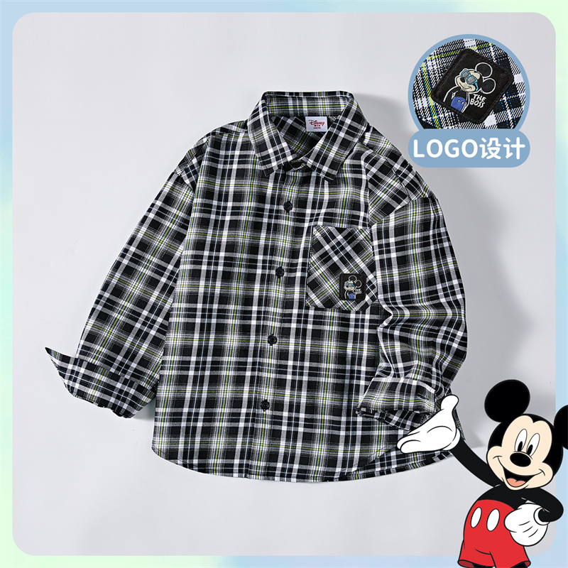 迪士尼童装男童格子衬衫潮酷时尚休闲百搭长袖衬衫外套中大童新款