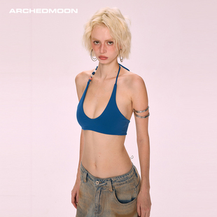 ARCHEDMOON蓝色带胸垫挂脖内衣吊带露背心设计感小众内搭上衣女夏