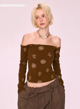 ARCHEDMOON 咖色提花一字肩长袖上衣内搭新款露肩显瘦短款t恤女秋