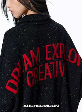 ARCHEDMOON 黑色套头毛衣女秋高领美式复古宽松慵懒风针织衫上衣