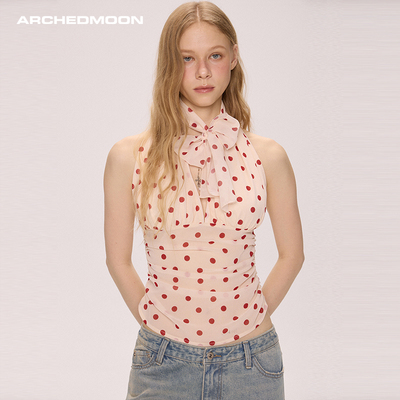 ARCHEDMOON杏色波点雪纺挂脖背心