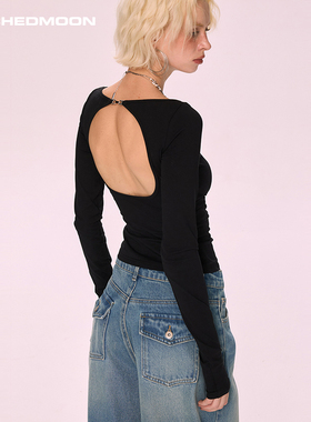 ARCHEDMOON黑色圆领露背收腰长袖打底衫内搭针织辣妹修身上衣女秋