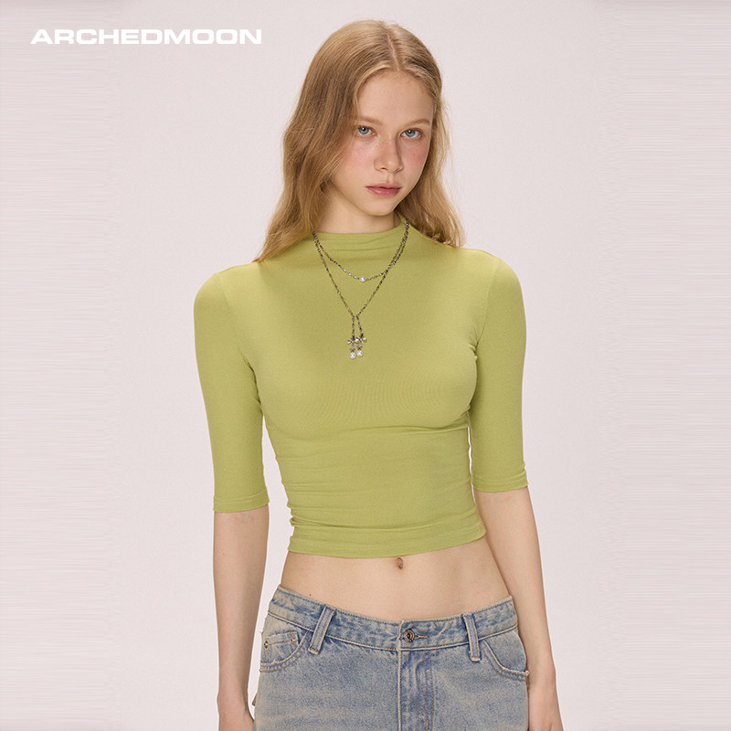 ARCHEDMOON 绿色高圆领正肩中袖t恤内搭打底修身短款辣妹上衣女春,女装/女士精品,T恤,淘宝优惠券,粉丝福利购,淘宝优惠卷