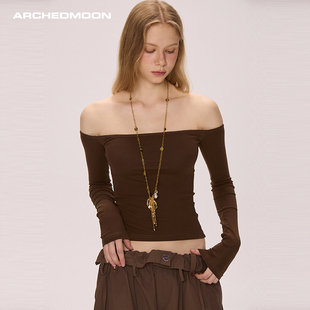 乌木甜茶 ARCHEDMOON 长袖 深咖色一字肩修身 t恤