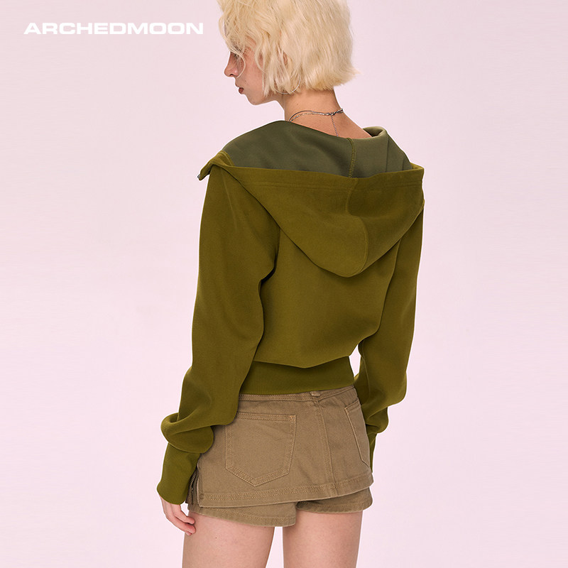 ARCHEDMOON绿色拉链短款连帽卫衣外套秋冬新款显瘦长袖夹克上衣女,女装/女士精品,短外套,淘宝优惠券,粉丝福利购,淘宝优惠卷