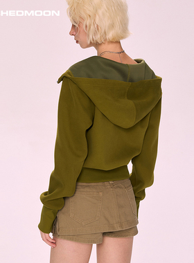 ARCHEDMOON绿色拉链短款连帽卫衣外套秋冬新款显瘦长袖夹克上衣女